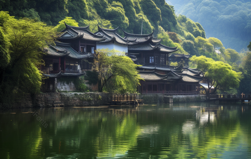 古香古色四合院落小桥流水古朴典雅的江边小镇,高清,摄影图,摄影图片,图片大全,摄影图免费下载